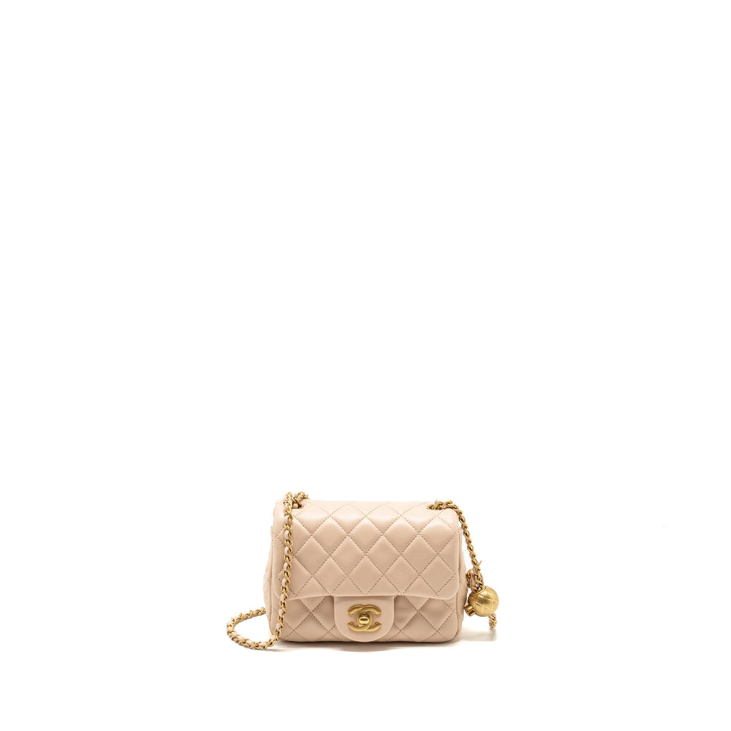 Chanel Pearl Crush Mini Square Flap Bag Lambskin Light Beige  (Microchip)