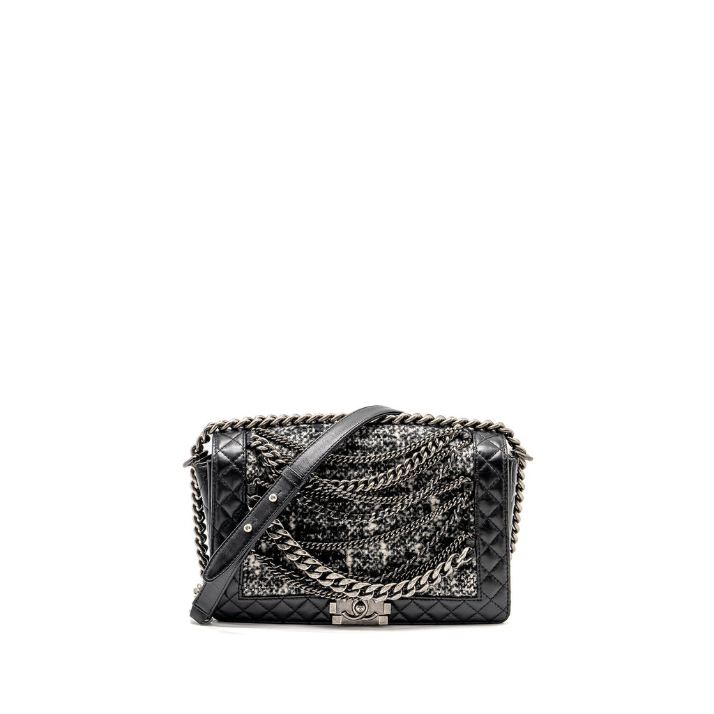 Chanel Multi Chain Boy Bag Calfskin/Tweed Black