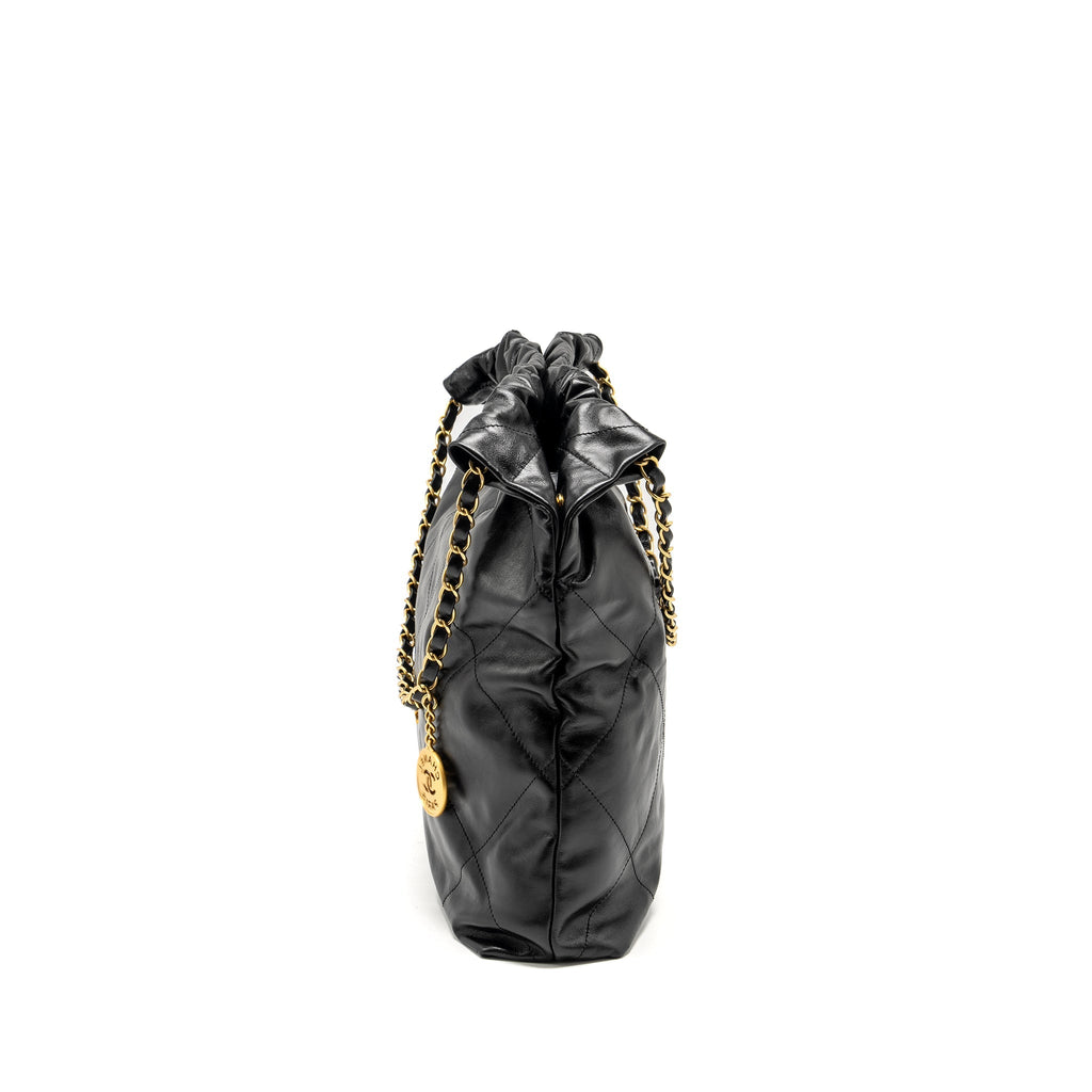 CHANEL Medium 22 Bag Gold Letter Shiny Calfskin Black  (Microchip)