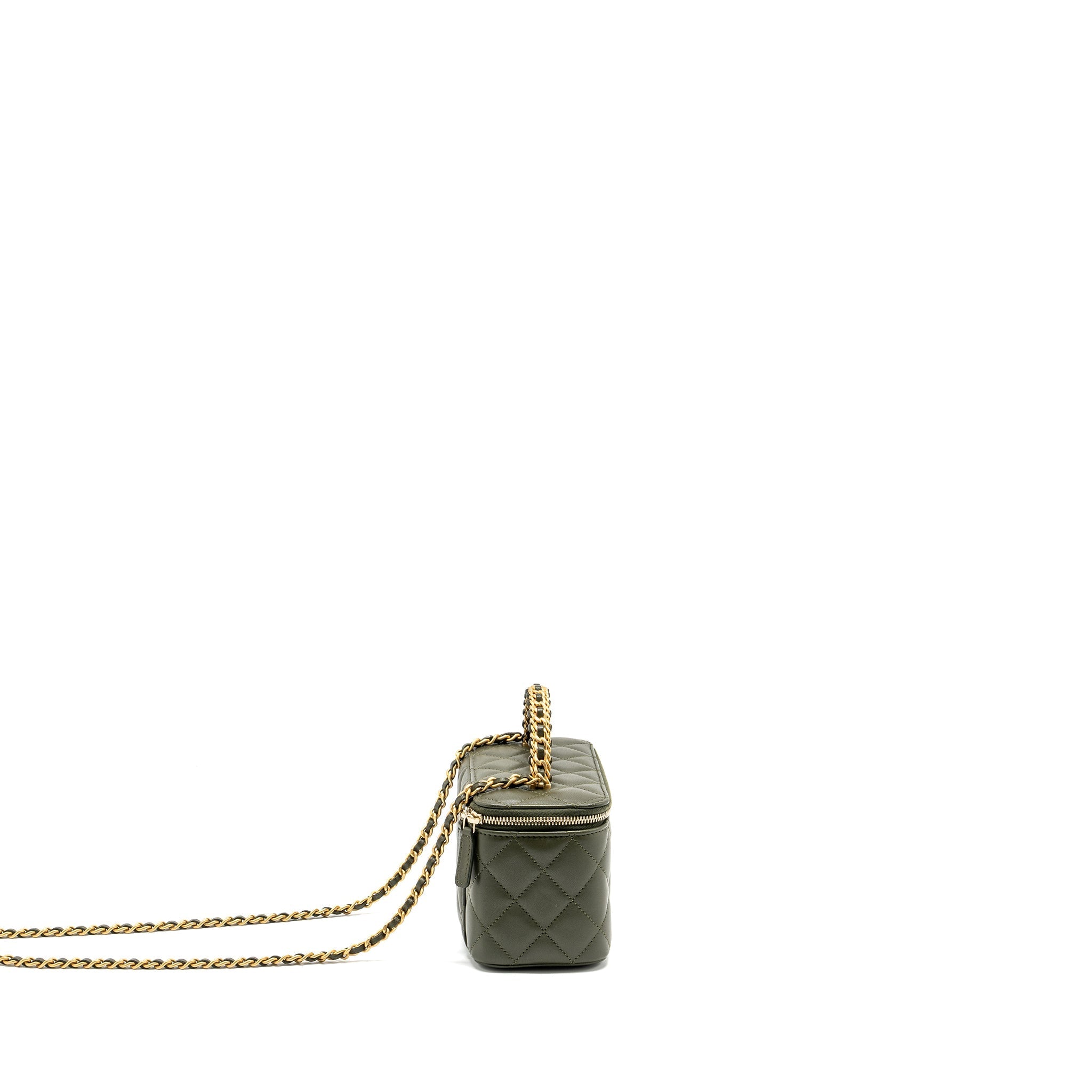 Chanel Detail Top Handle Long Vanity With Chain Lambskin Dark Green  (Microchip)