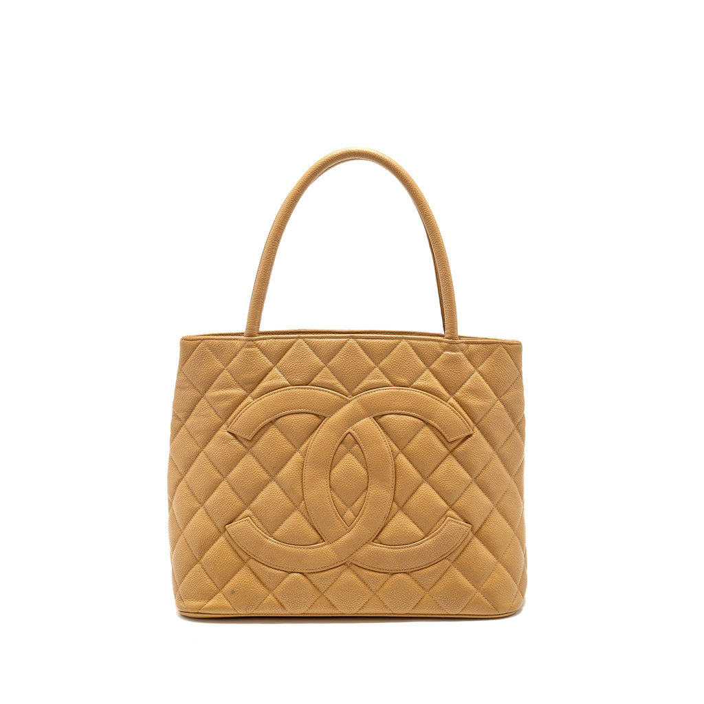 CHANEL Vintage Medallion Tote Bag Caviar Beige