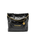CHANEL Medium 22 Bag Gold Letter Shiny Calfskin Black  (Microchip)