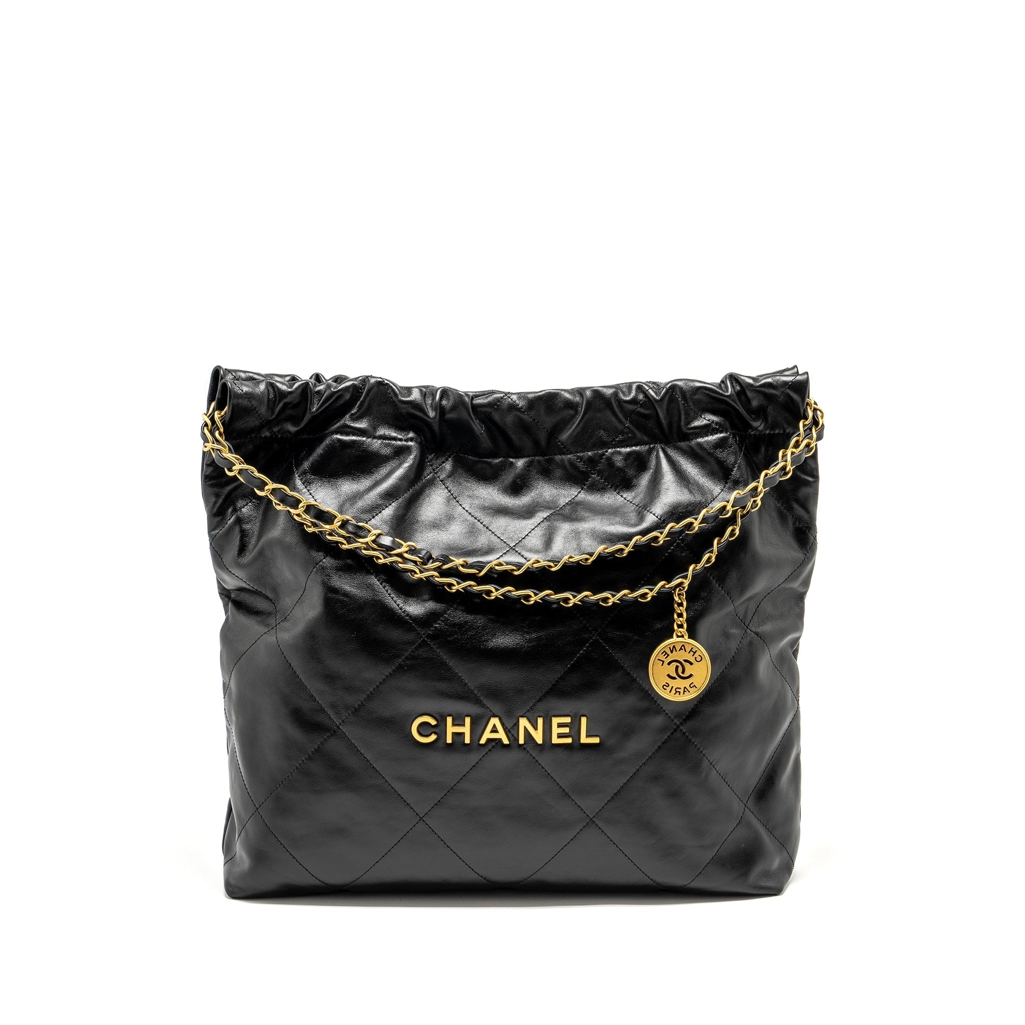 CHANEL Medium 22 Bag Gold Letter Shiny Calfskin Black  (Microchip)