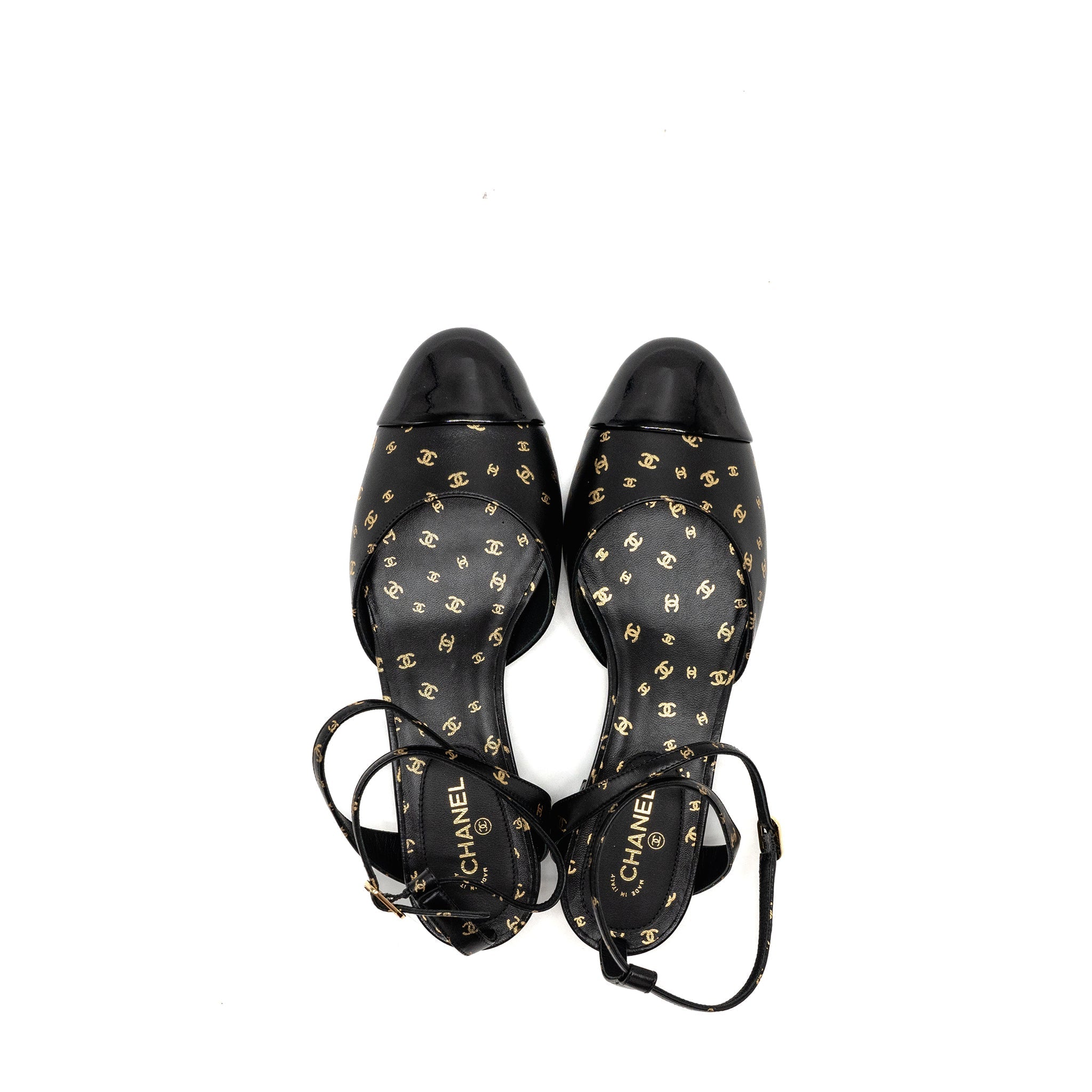 Chanel Size 37 CC Logo Print Slingbacks Lambskin/Patent Calfskin Black/Gold