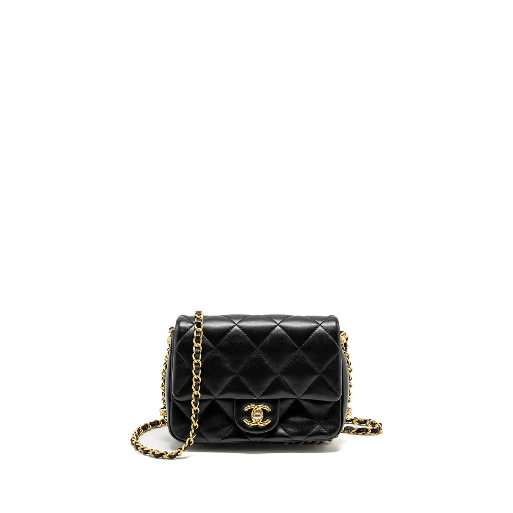 Chanel Mini Coco CC Logo Quilted Flap Bag Lambskin Black  (Microchip)