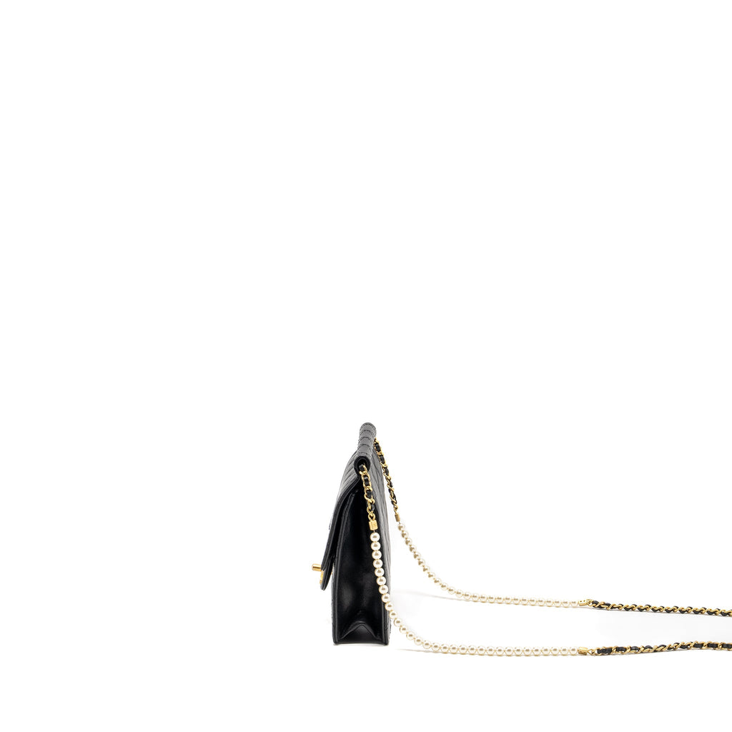 Chanel 19S Pearl Chain Quilted Vertical Flap Bag Lambskin Black
