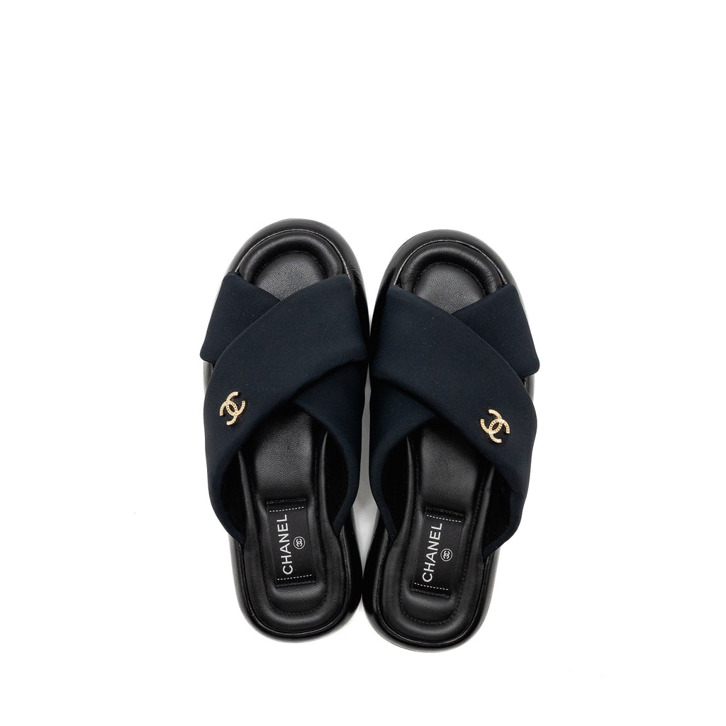 Chanel Size 38 CC Puffy Mule Sandals Fabric/Leather Black