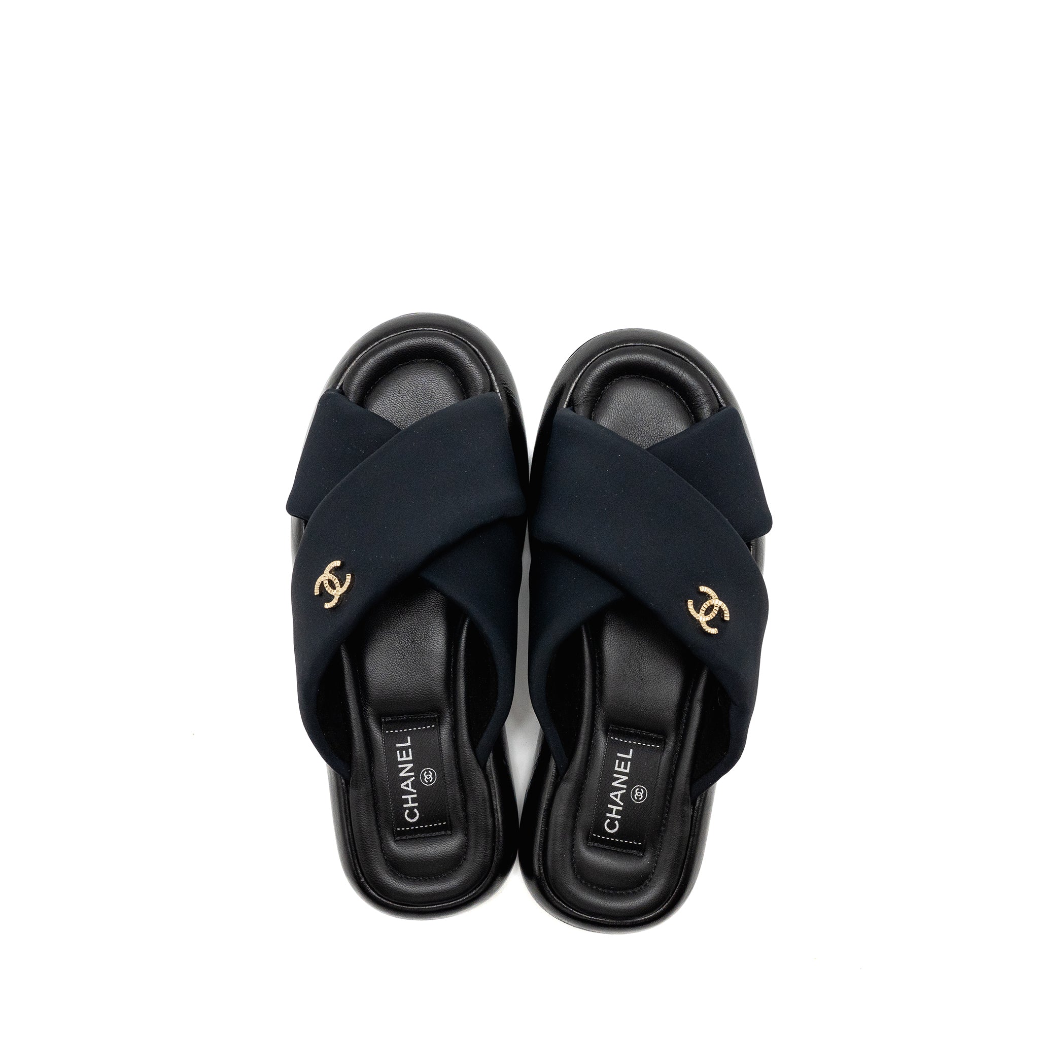 Chanel Size 38 CC Puffy Mule Sandals Fabric/Leather Black