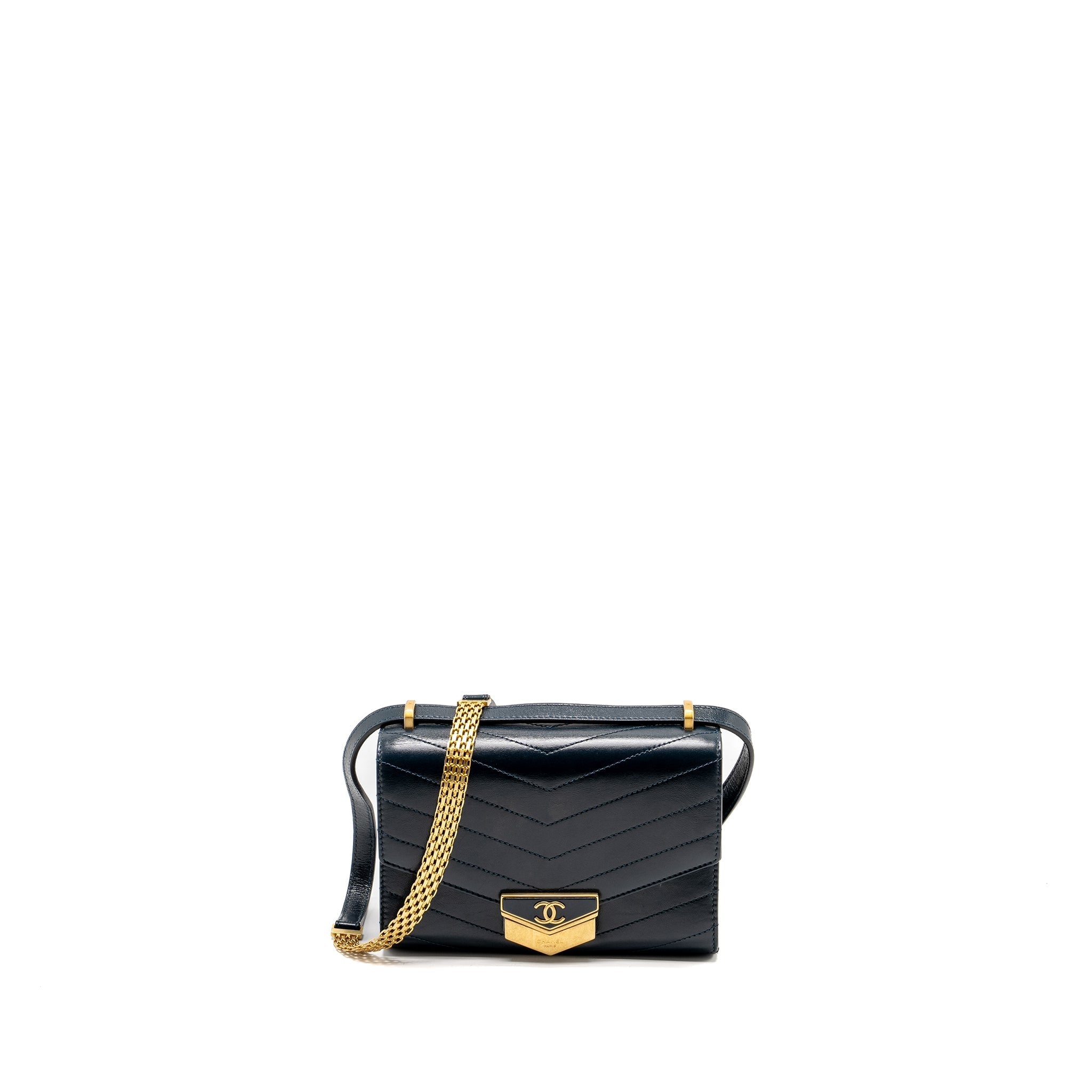 Chanel Lock me Up Chevron Medal Flap Bag Calfskin Dark Navy