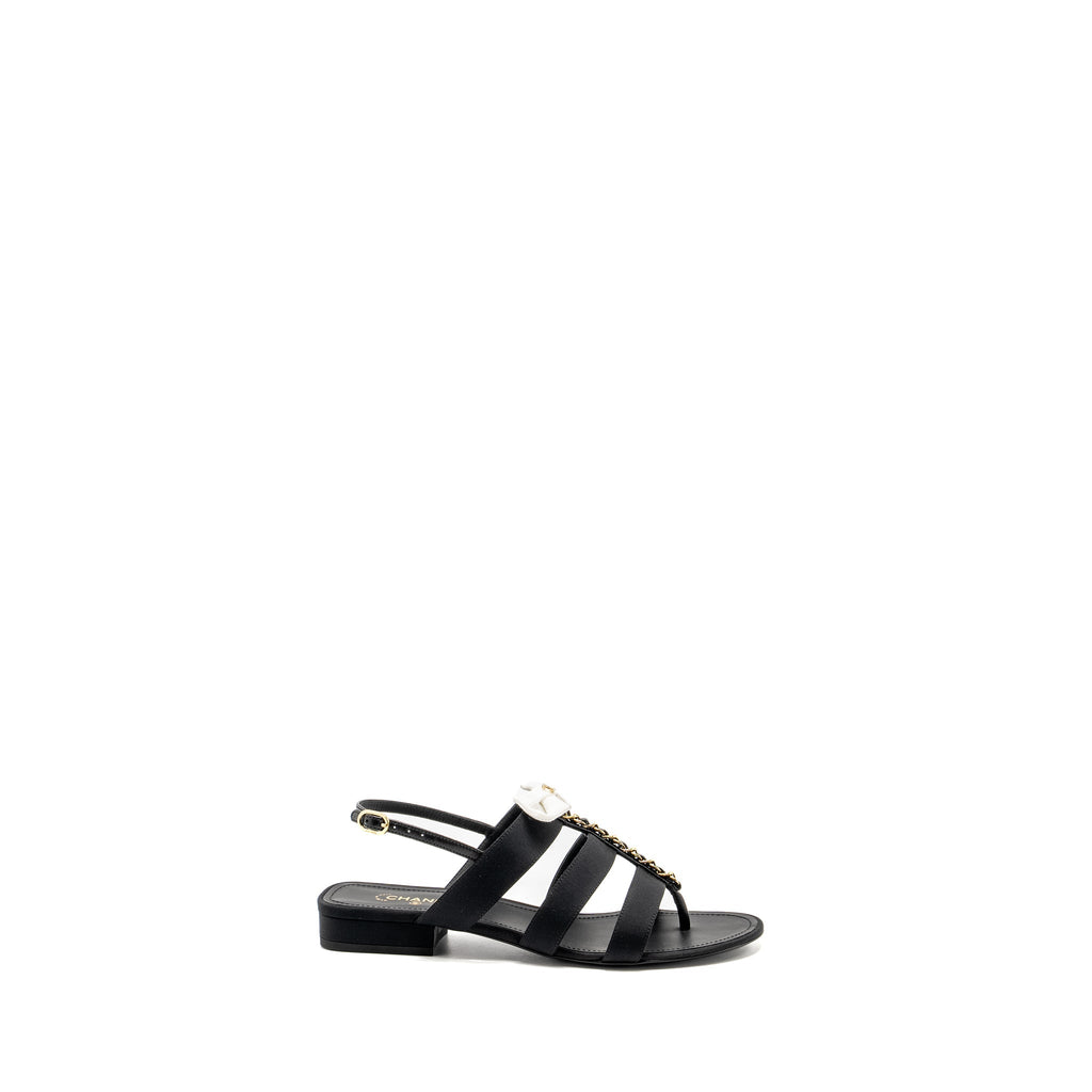 Chanel Size 39 21K Grosgrain Chain CC Logo With White Bow Sandals Black L