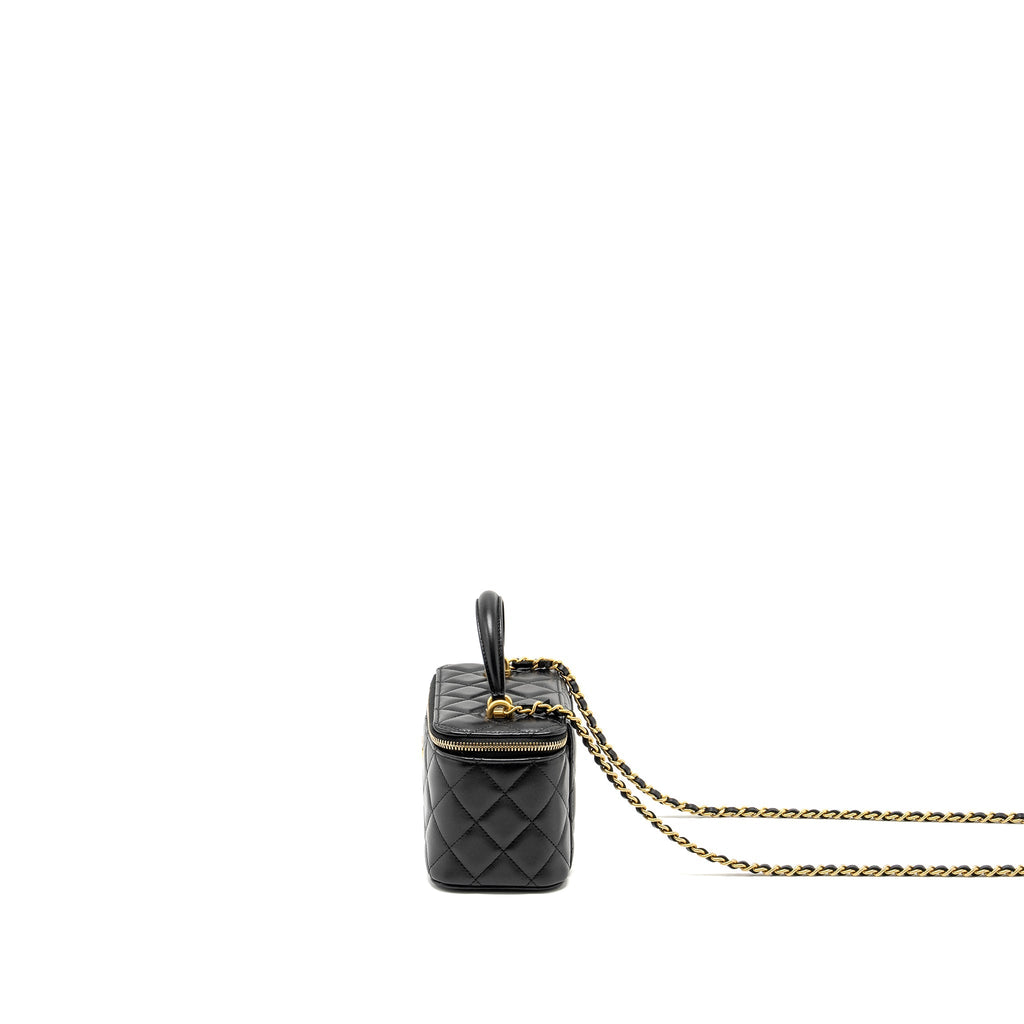 CHANEL Top Handle Long Vanity With Chain Lambskin Black