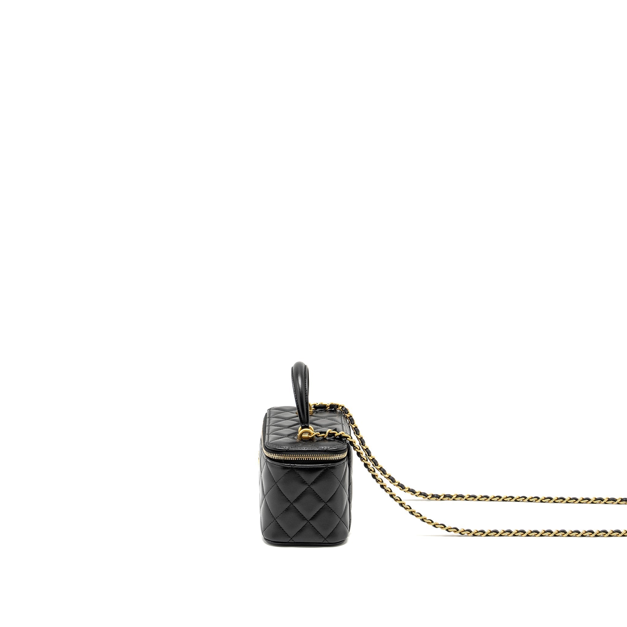 CHANEL Top Handle Long Vanity With Chain Lambskin Black