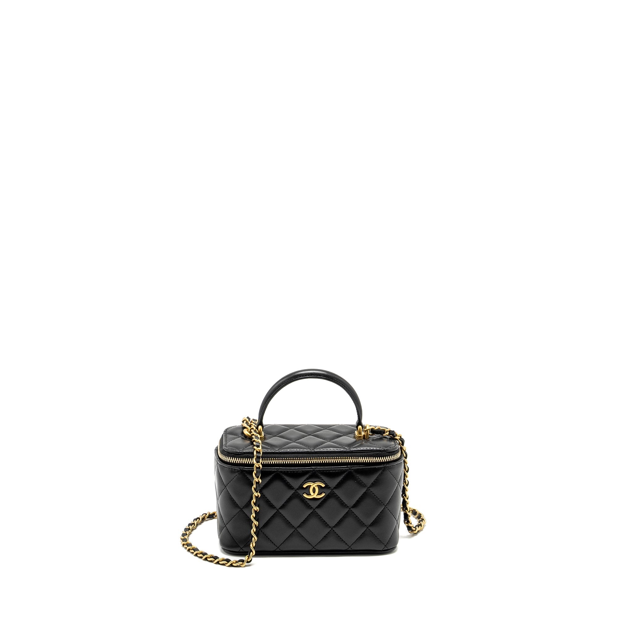 CHANEL Top Handle Long Vanity With Chain Lambskin Black