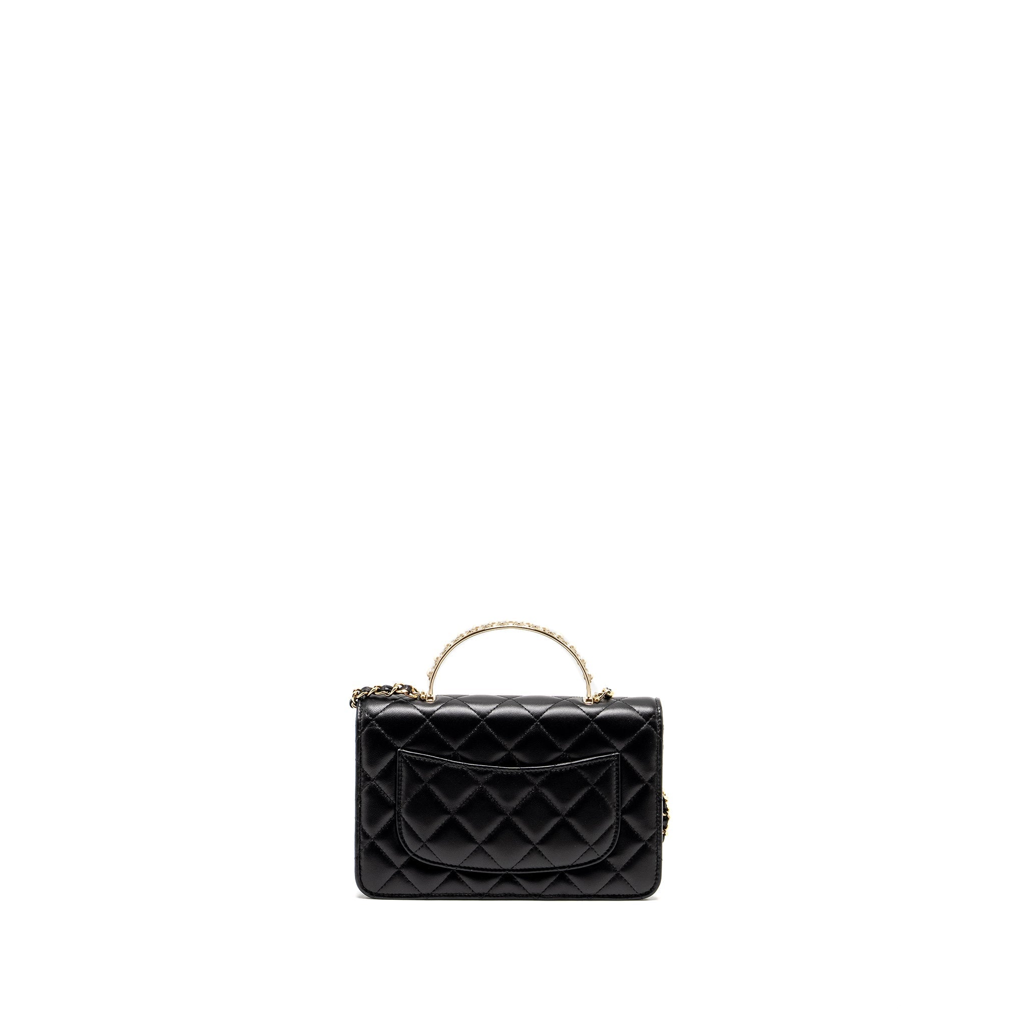 Chanel Pearl Detailed Top Handel Wallet On Chain Lambskin Black L (Microchip)