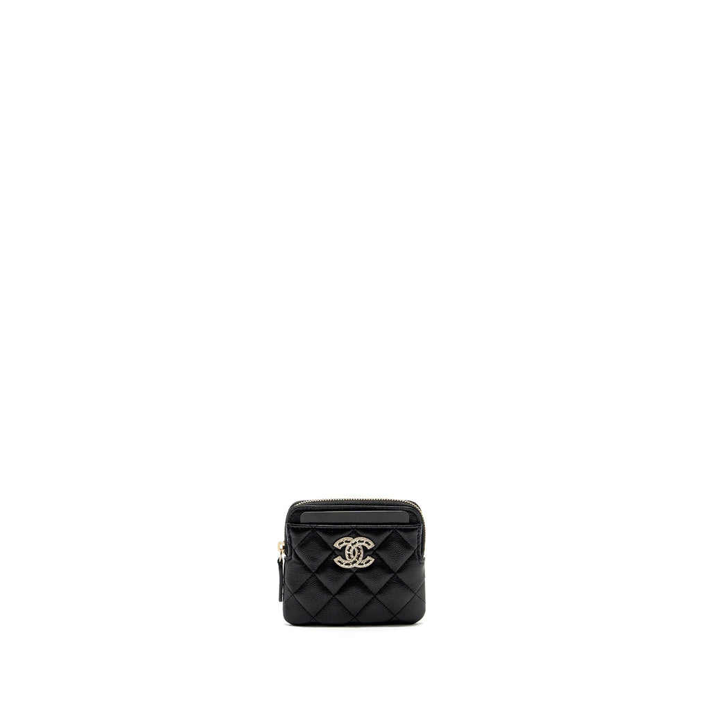 Chanel detailed CC logo zipper small wallet caviar black L