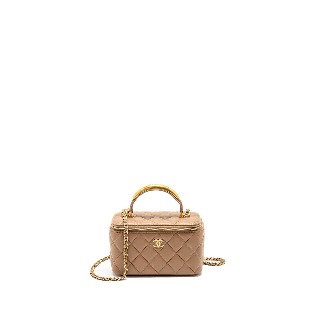 Chanel Top Handle Long Vanity with Chain Lambskin Dark Beige  (Microchip)