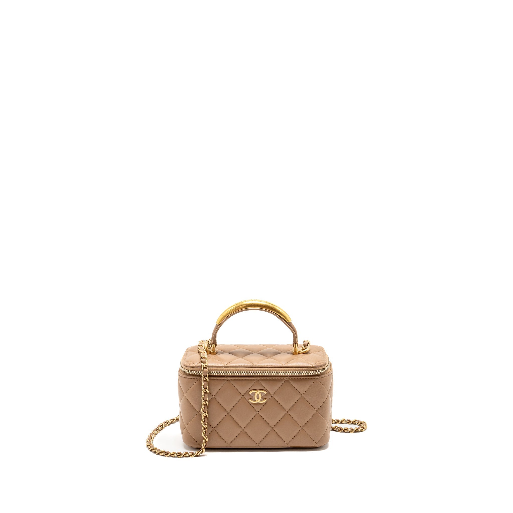 Chanel Top Handle Long Vanity with Chain Lambskin Dark Beige  (Microchip)