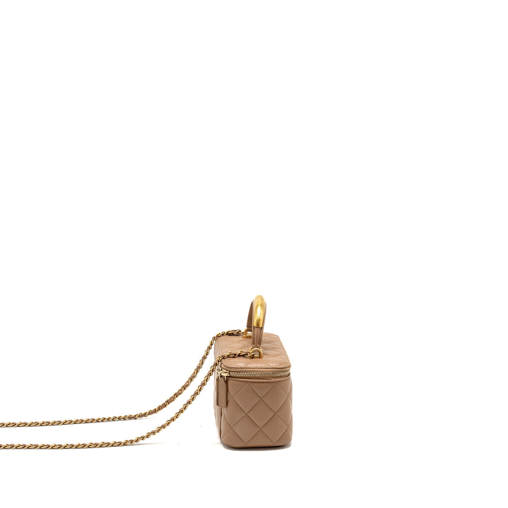 Chanel Top Handle Long Vanity with Chain Lambskin Dark Beige  (Microchip)