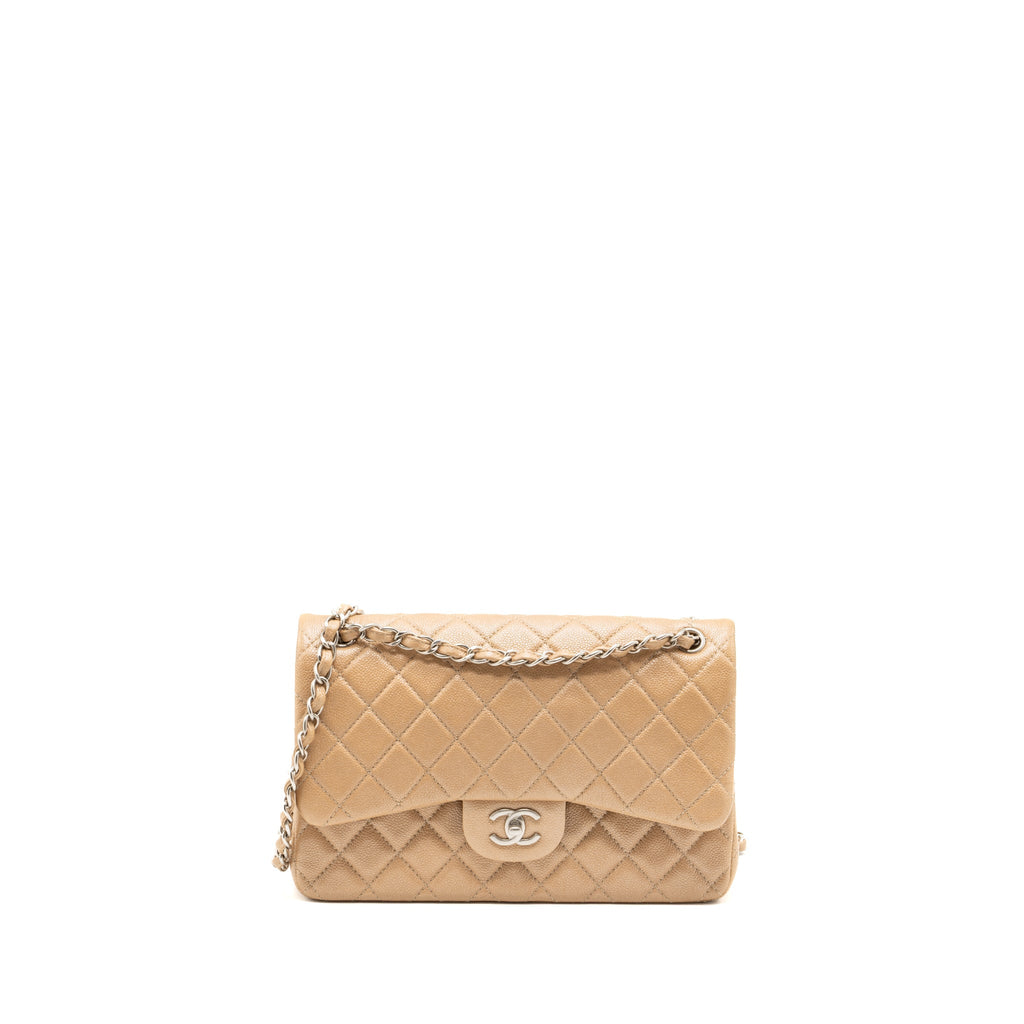 Chanel classic jumbo double flap bag caviar iridescent beige brushed