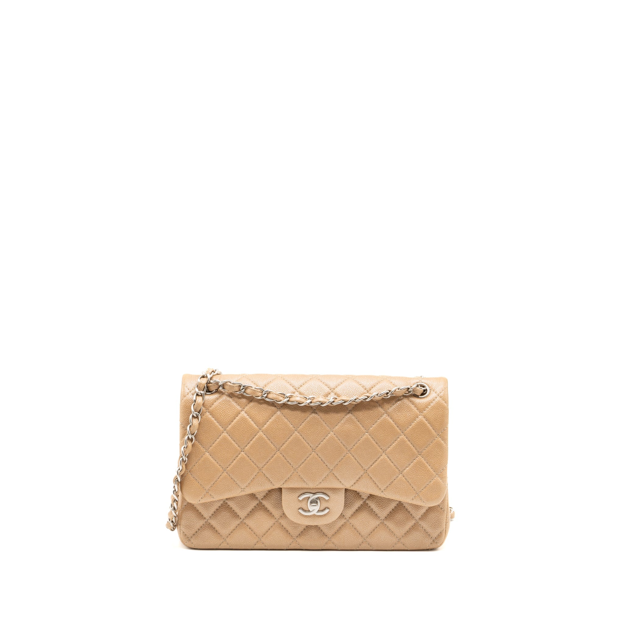 Chanel classic jumbo double flap bag caviar iridescent beige brushed