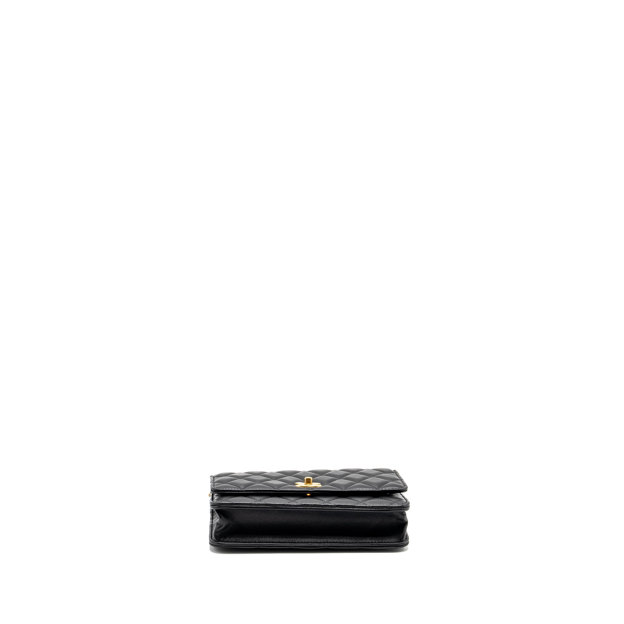 Chanel Classic Wallet on Chain With Camellia Adjustable Chain Lambskin Black  (Microchip)