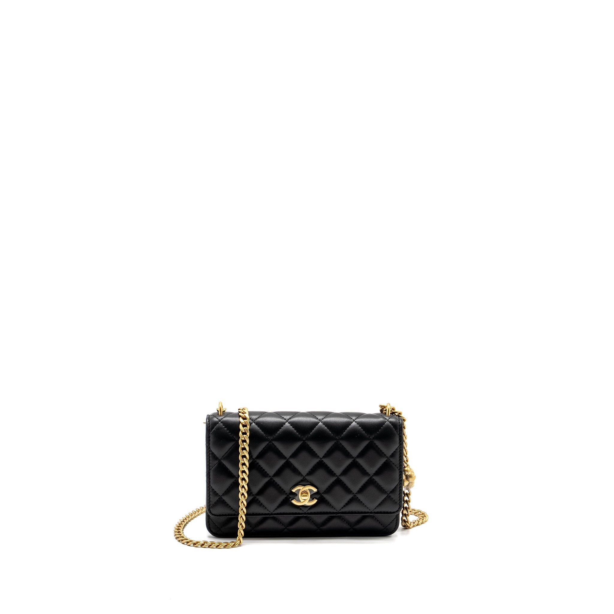 Chanel Classic Wallet on Chain With Camellia Adjustable Chain Lambskin Black  (Microchip)