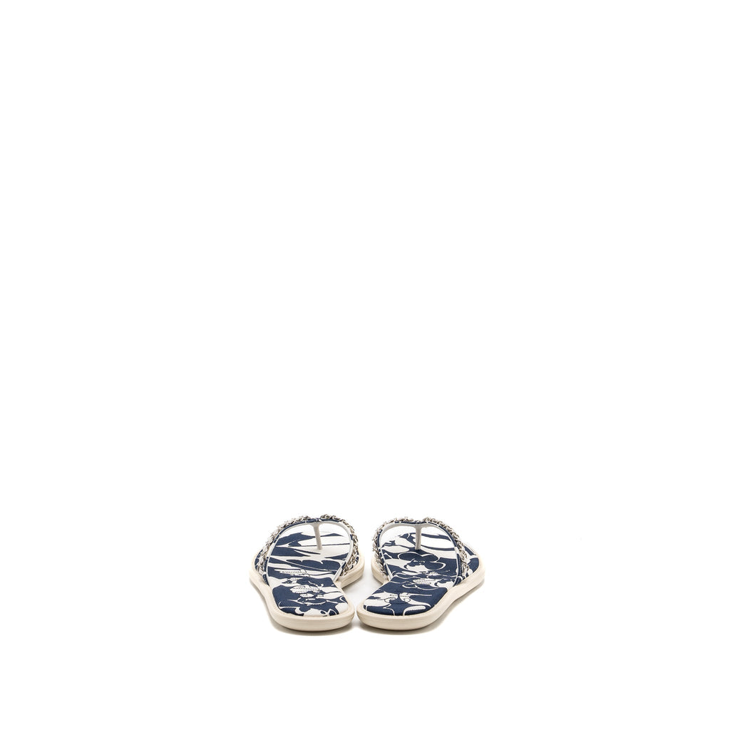 Chanel Size 40 Mules Cotton/Lambskin Navy Blue/Ecru