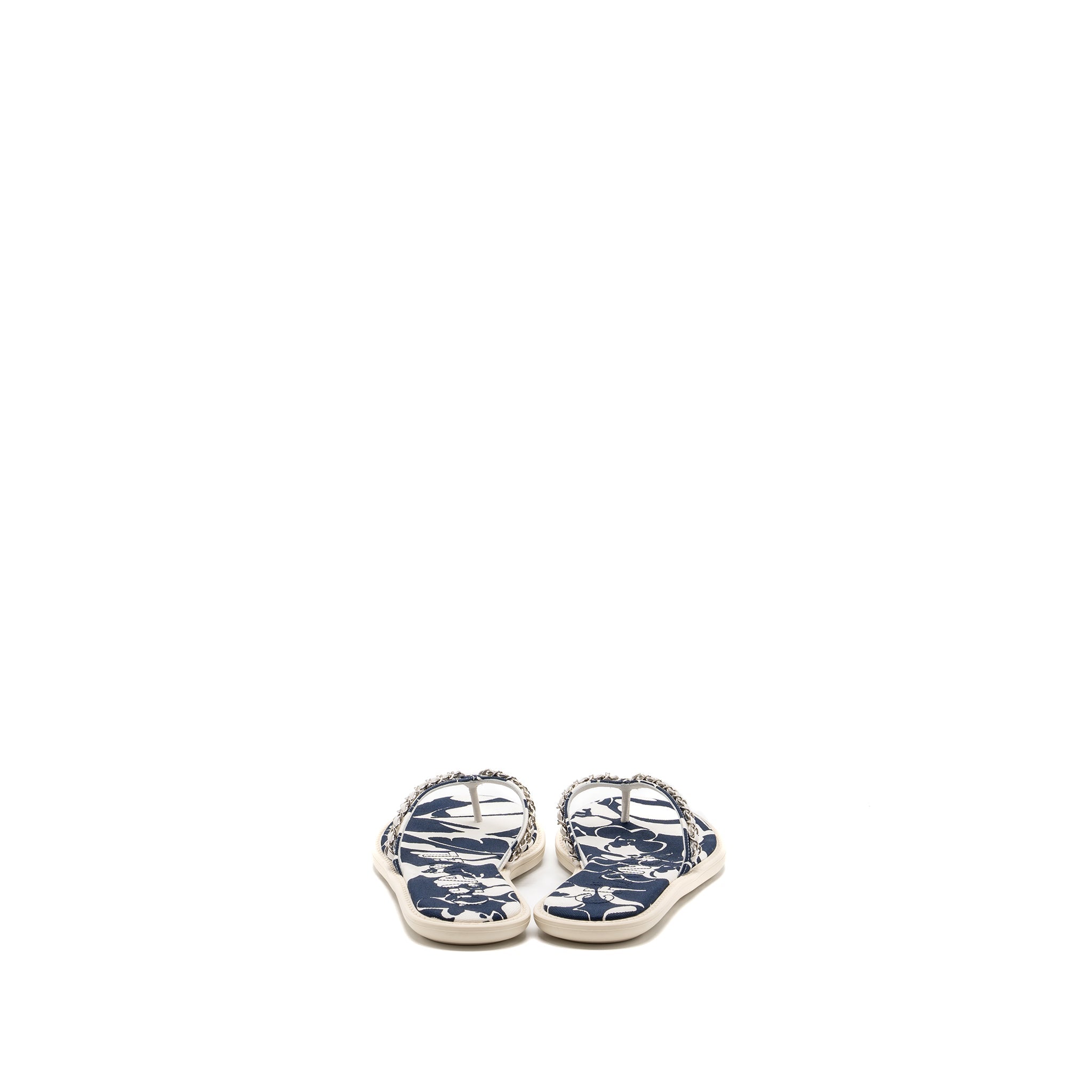 Chanel Size 40 Mules Cotton/Lambskin Navy Blue/Ecru