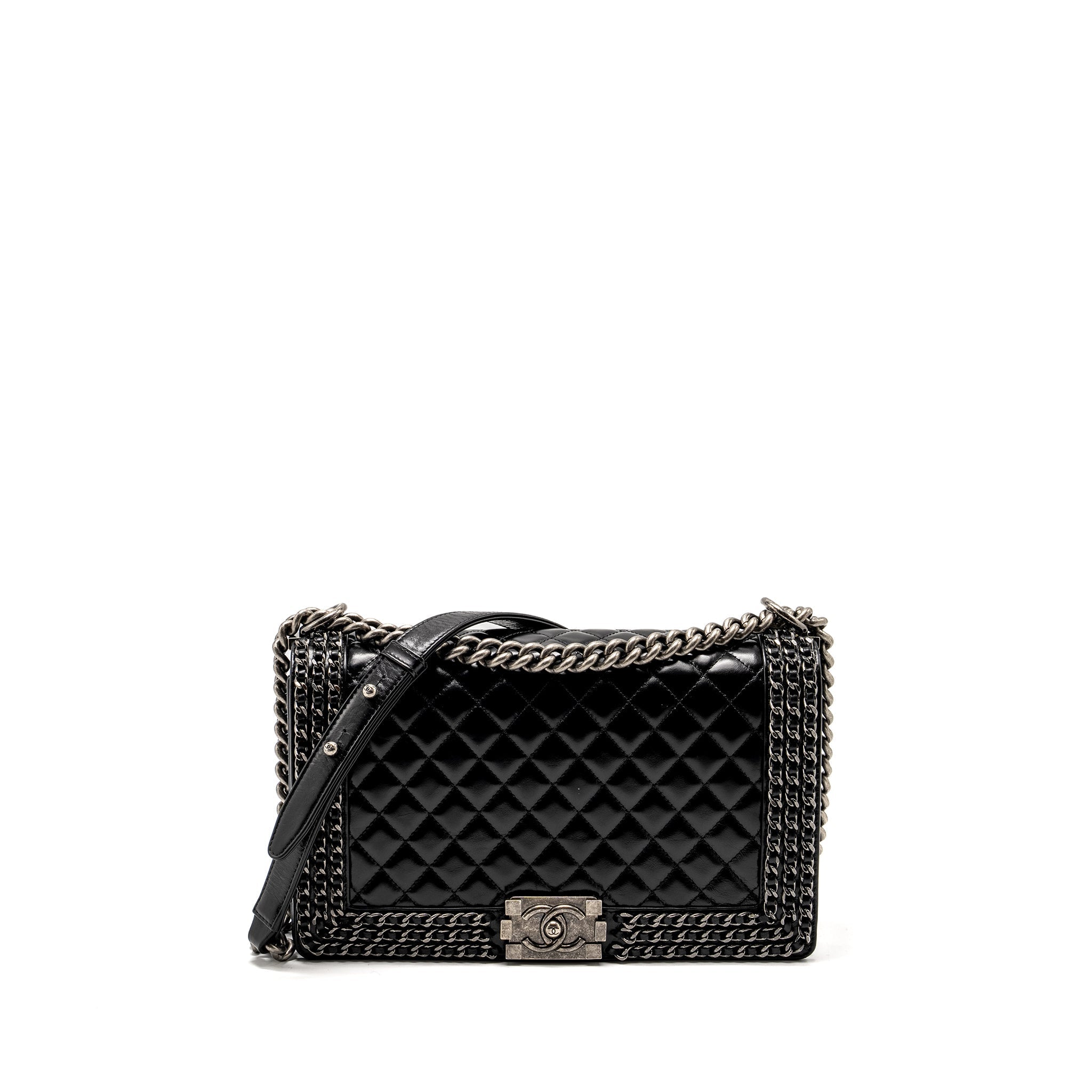 Chanel new medium chain edge boy bag calfskin black ruthenium