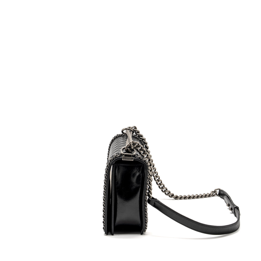 Chanel new medium chain edge boy bag calfskin black ruthenium