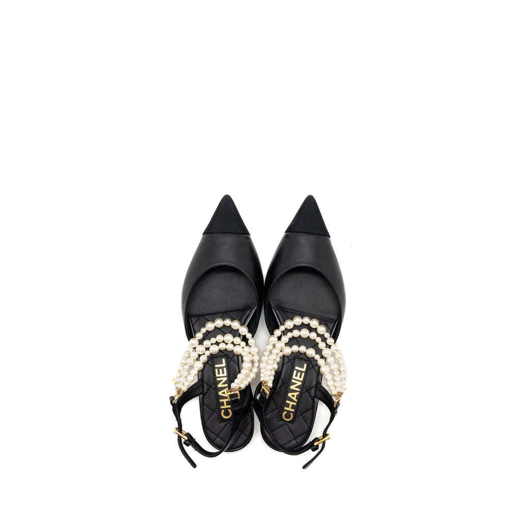 Chanel 22A Size 37.5 Slingback Mules with Pearls Lambskin Black L
