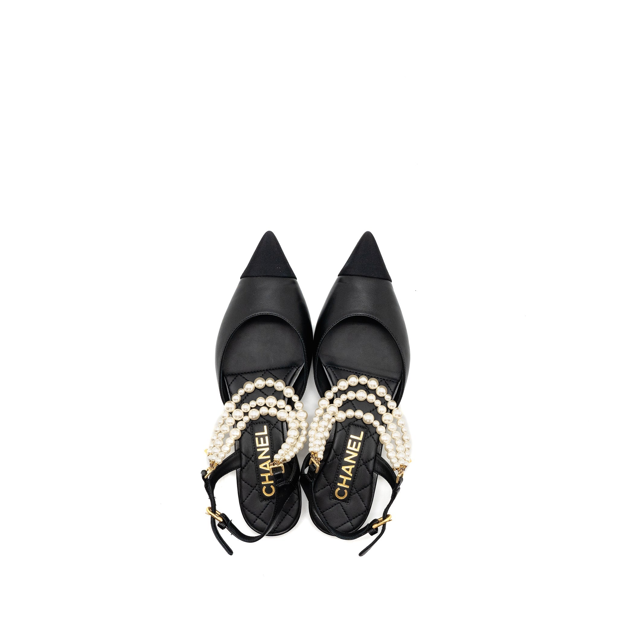 Chanel 22A Size 37.5 Slingback Mules with Pearls Lambskin Black L