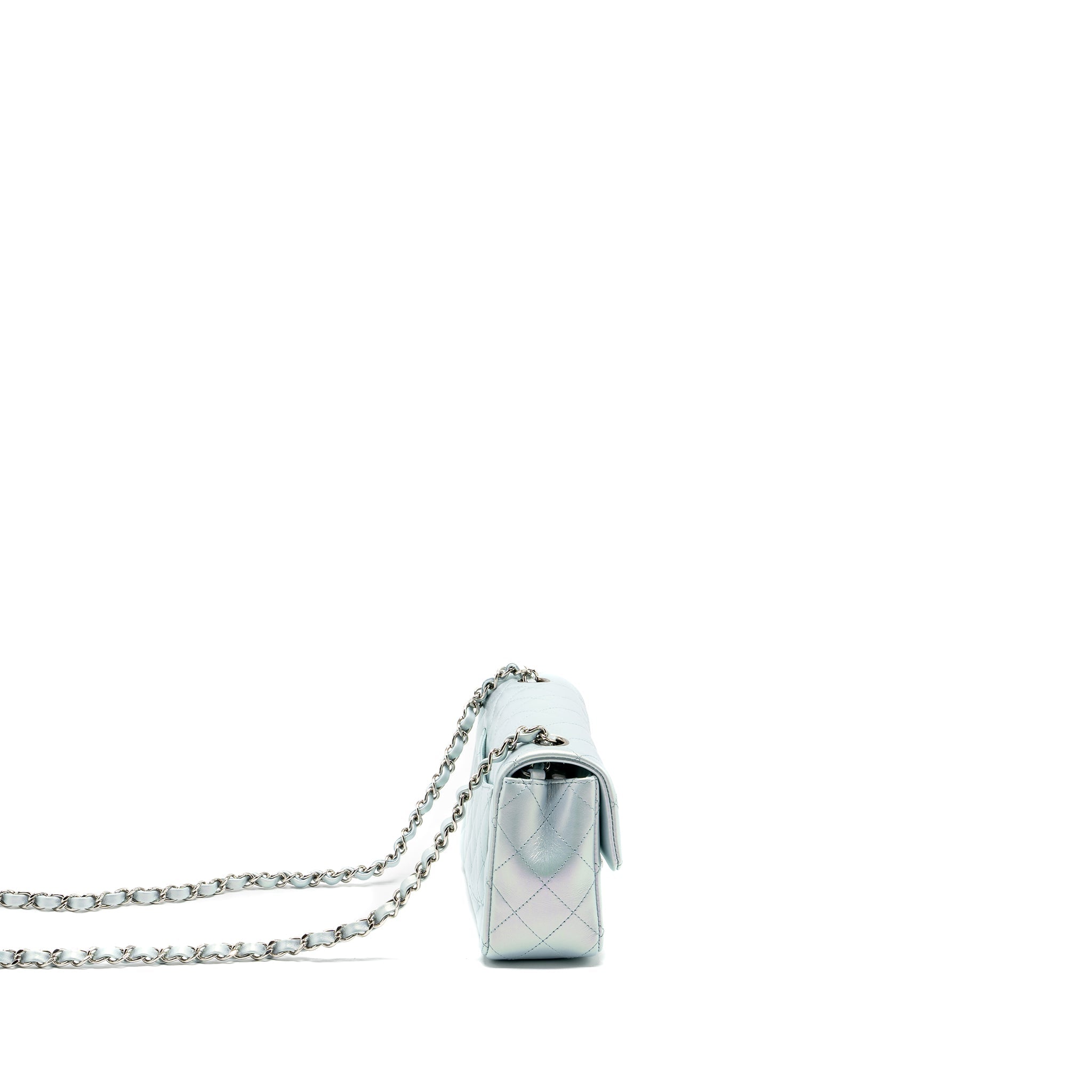 Chanel 21K mini rectangular flap bag calfskin iridescent light blue  (microchip)
