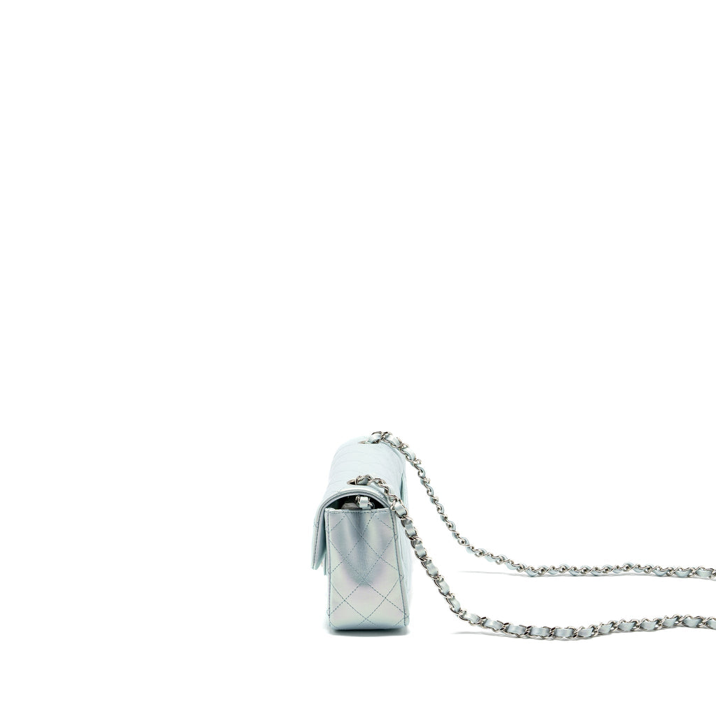 Chanel 21K mini rectangular flap bag calfskin iridescent light blue  (microchip)