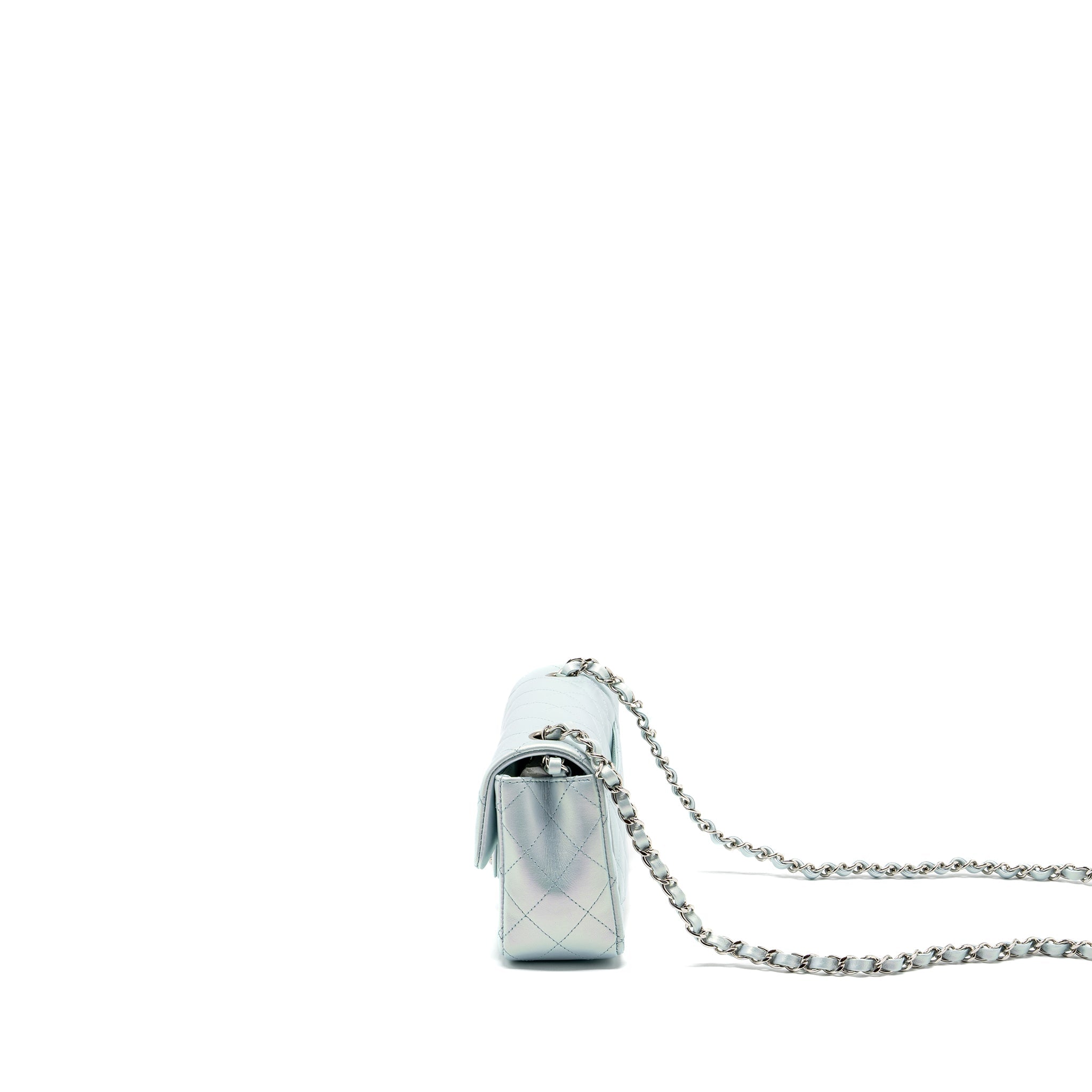 Chanel 21K mini rectangular flap bag calfskin iridescent light blue  (microchip)