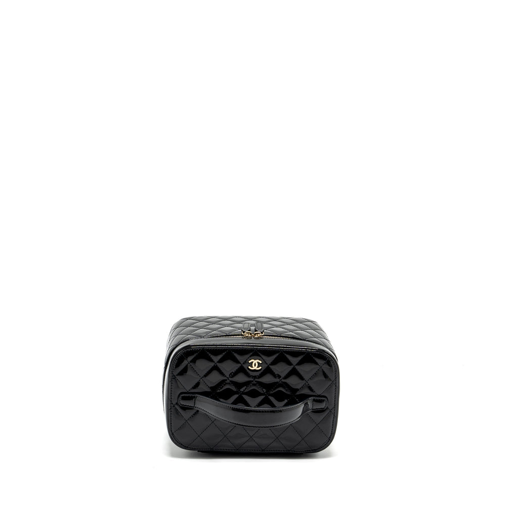 Chanel top handle vanity case patent black L