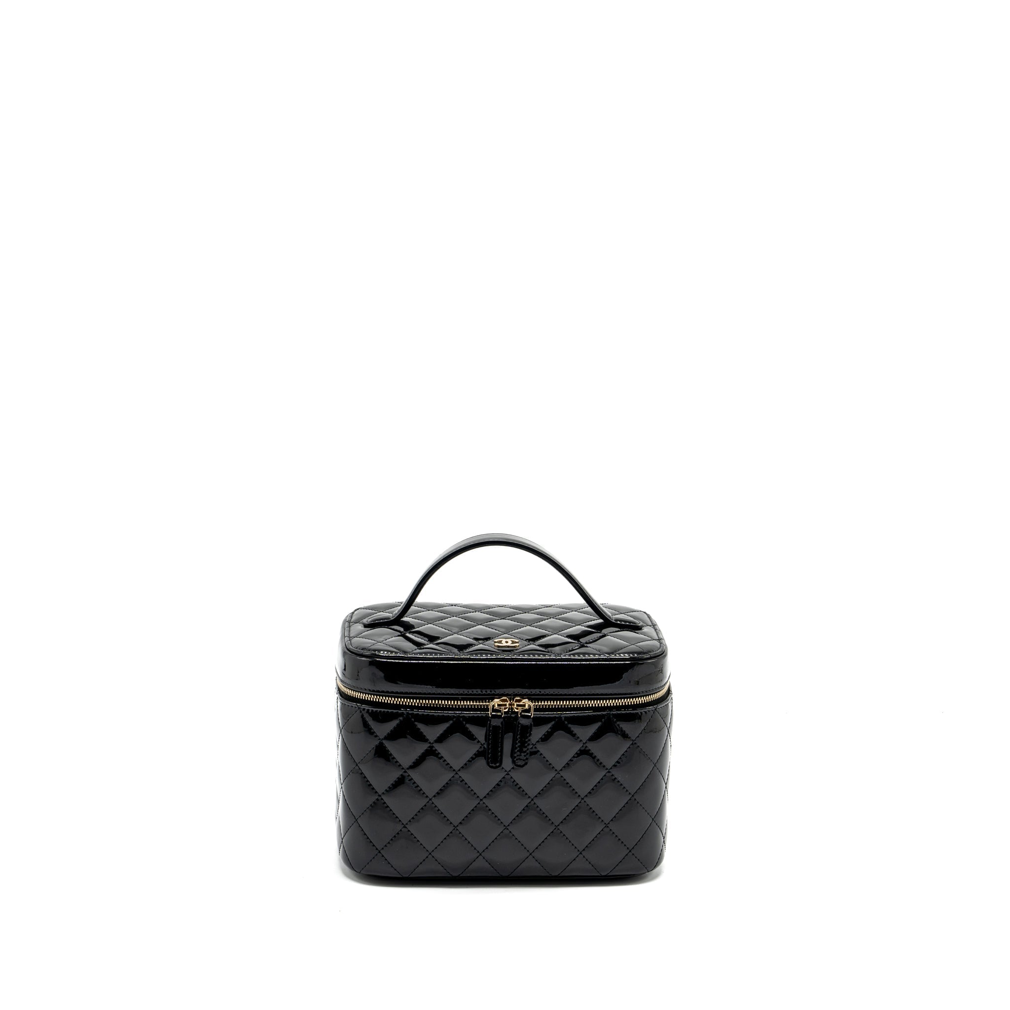 Chanel top handle vanity case patent black L