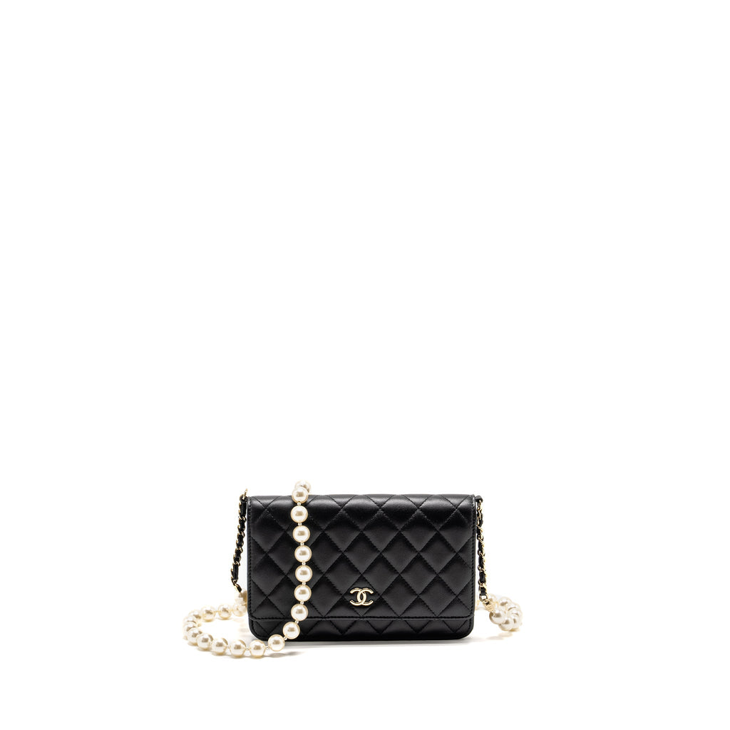 Chanel Wallet On Chain with Pearl Chain Lambskin Black L (Microchip)
