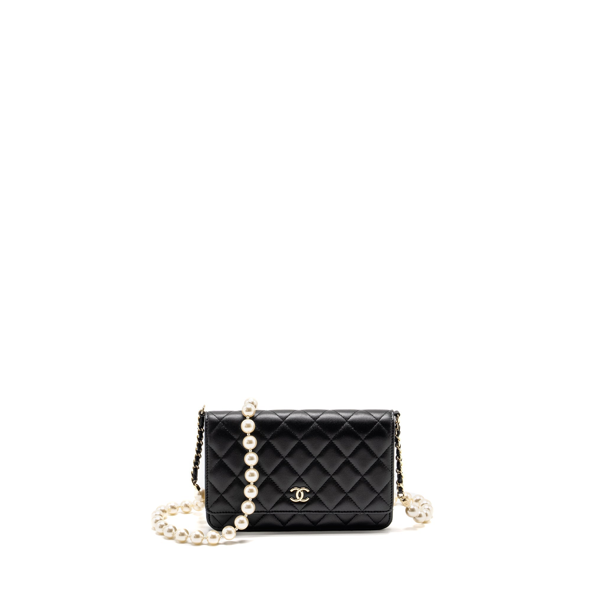 Chanel Wallet On Chain with Pearl Chain Lambskin Black L (Microchip)