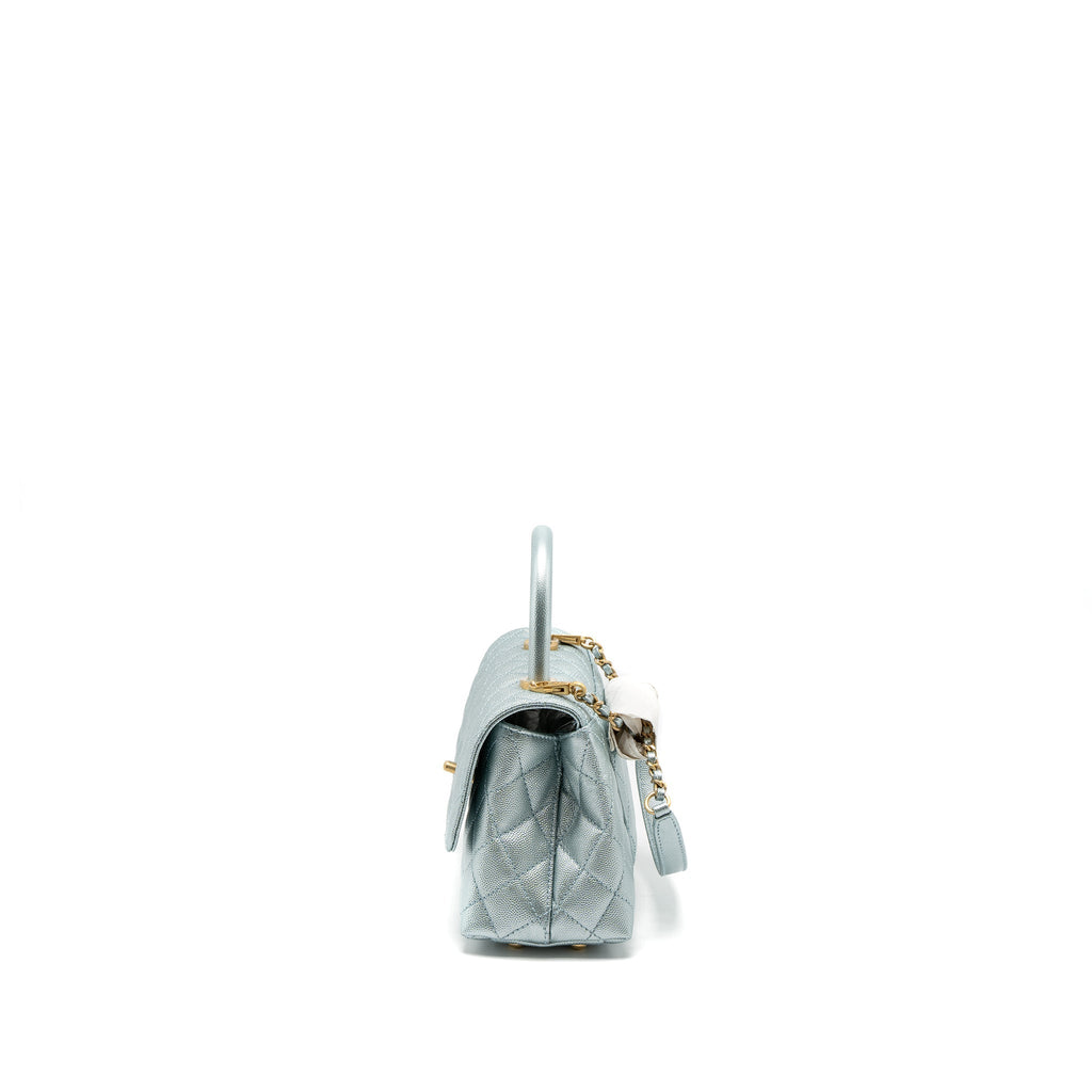 Chanel Small Coco Handle Caviar Metallic Light Blue Brushed  (Microchip)
