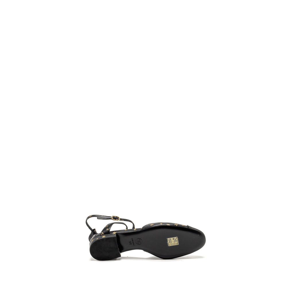 Chanel Size 37 CC Logo Print Slingbacks Lambskin/Patent Calfskin Black/Gold