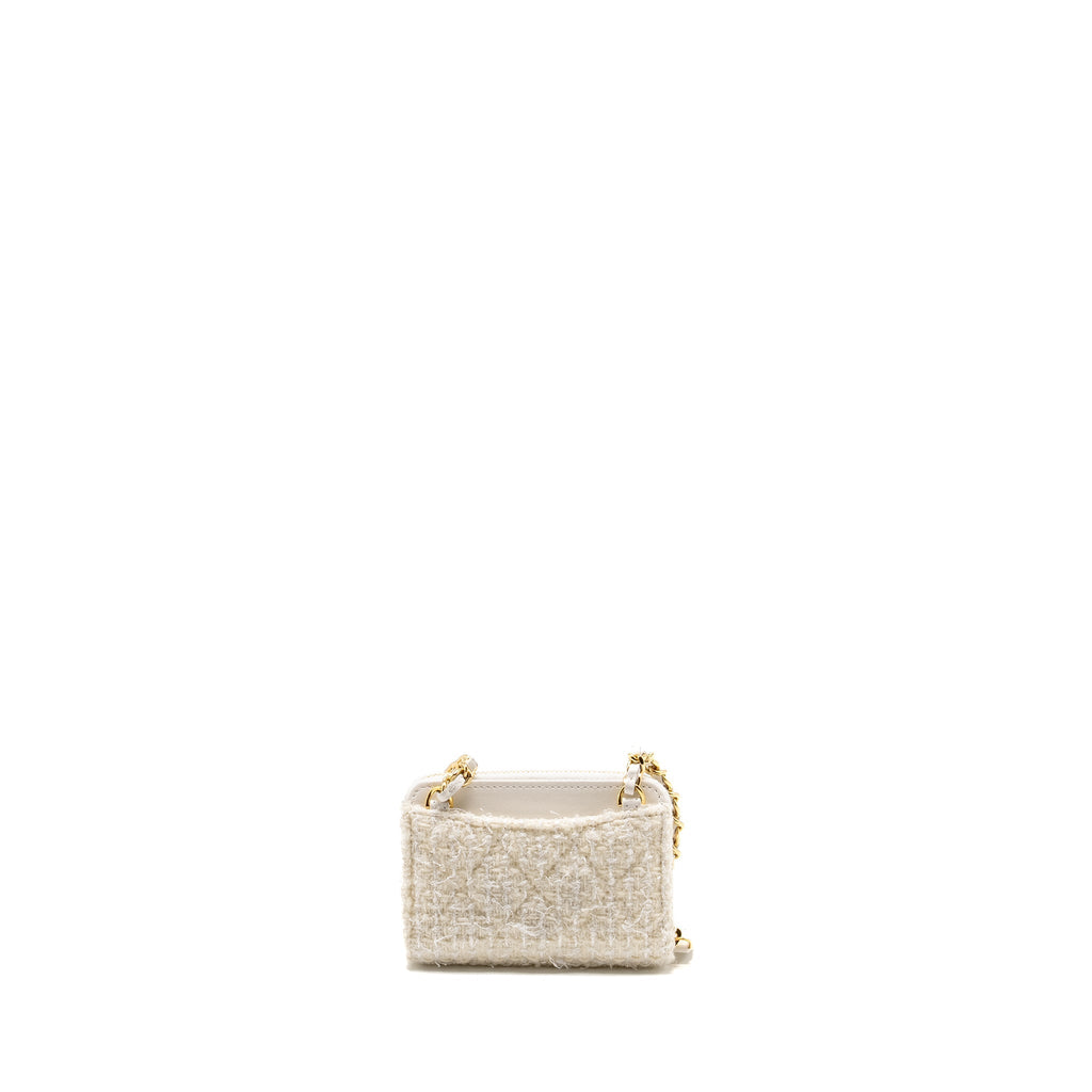 Chanel Mini Bow Card Holder With Chain Tweed White L (Microchip)