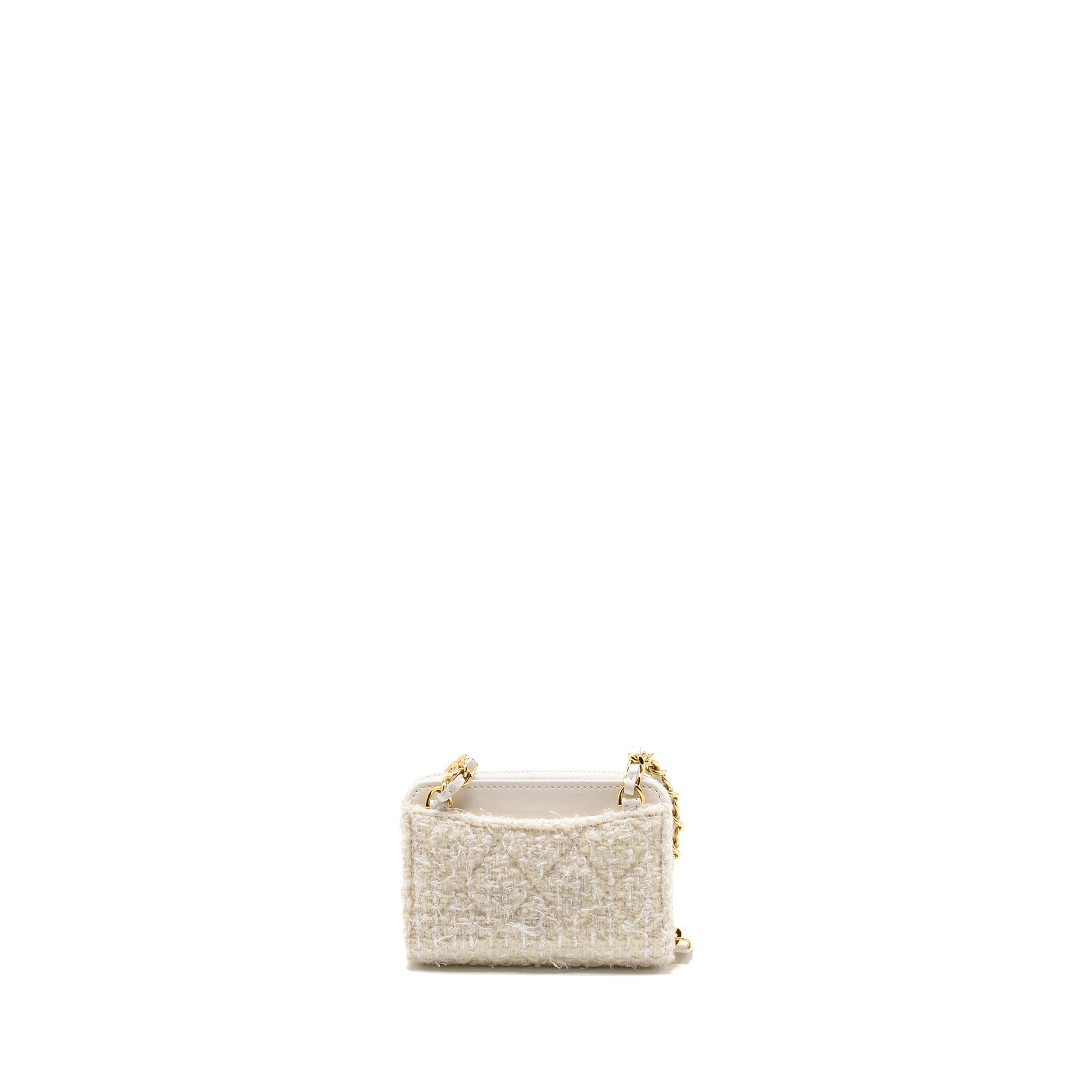 Chanel Mini Bow Card Holder With Chain Tweed White L (Microchip)