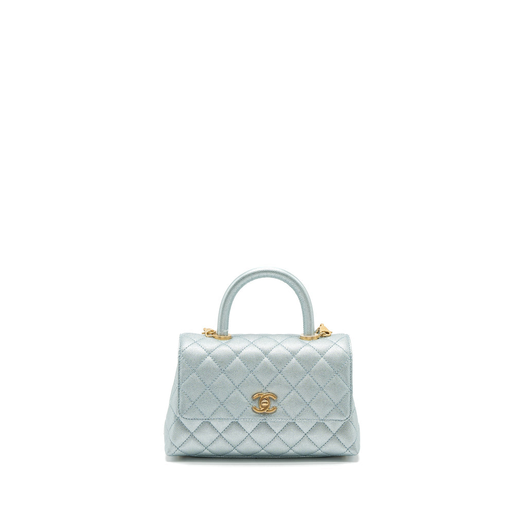 Chanel Small Coco Handle Caviar Metallic Light Blue Brushed  (Microchip)