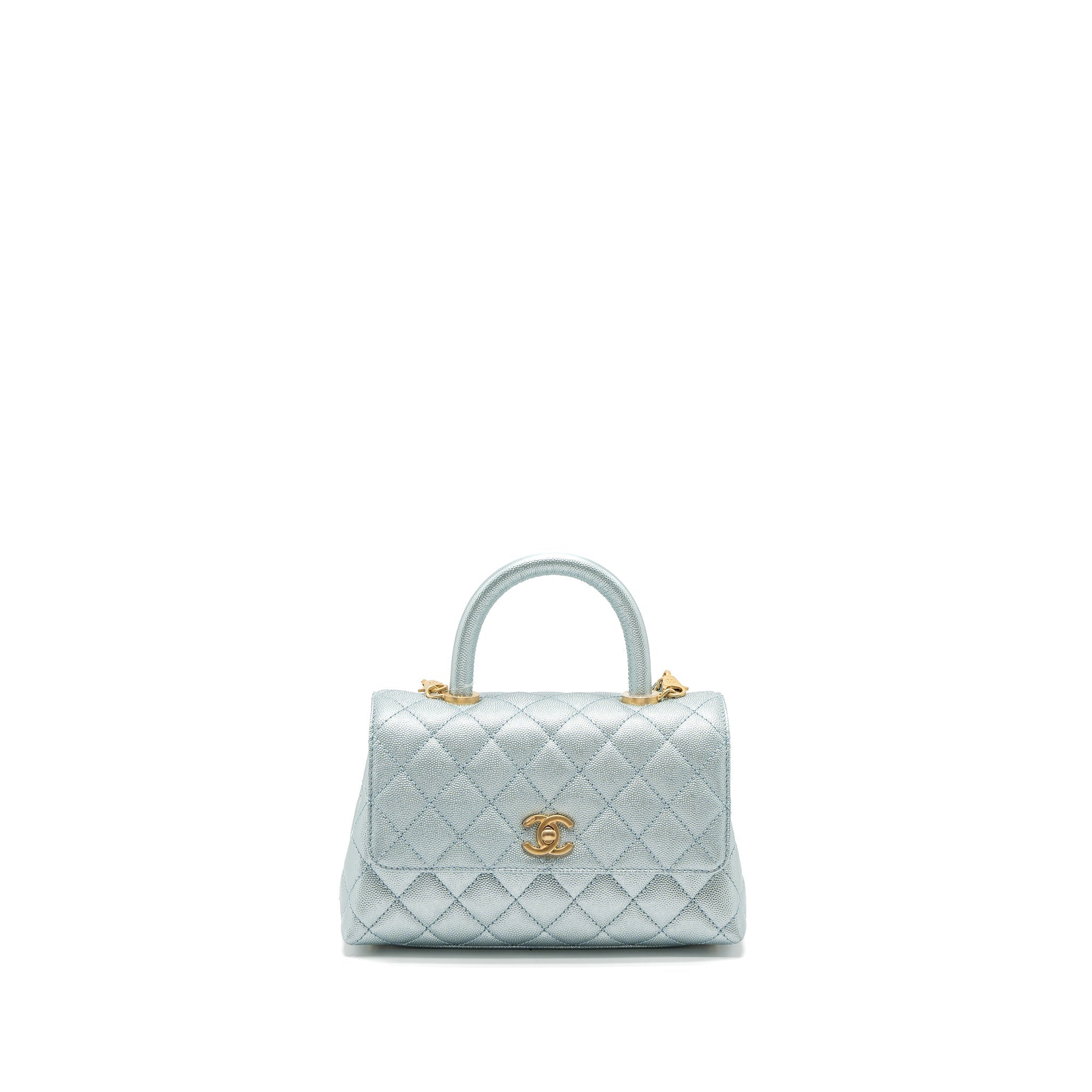 Chanel Small Coco Handle Caviar Metallic Light Blue Brushed  (Microchip)