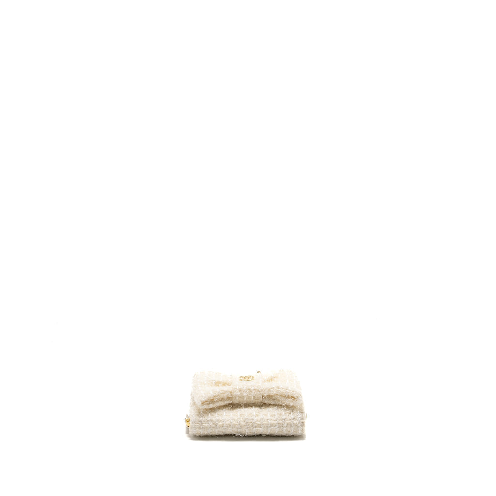 Chanel Mini Bow Card Holder With Chain Tweed White L (Microchip)