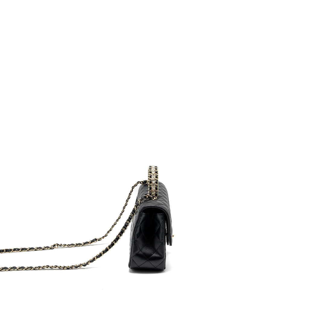 Chanel Crystal Detailed Top Handle Flap Bag Lambskin Black  (Microchip)