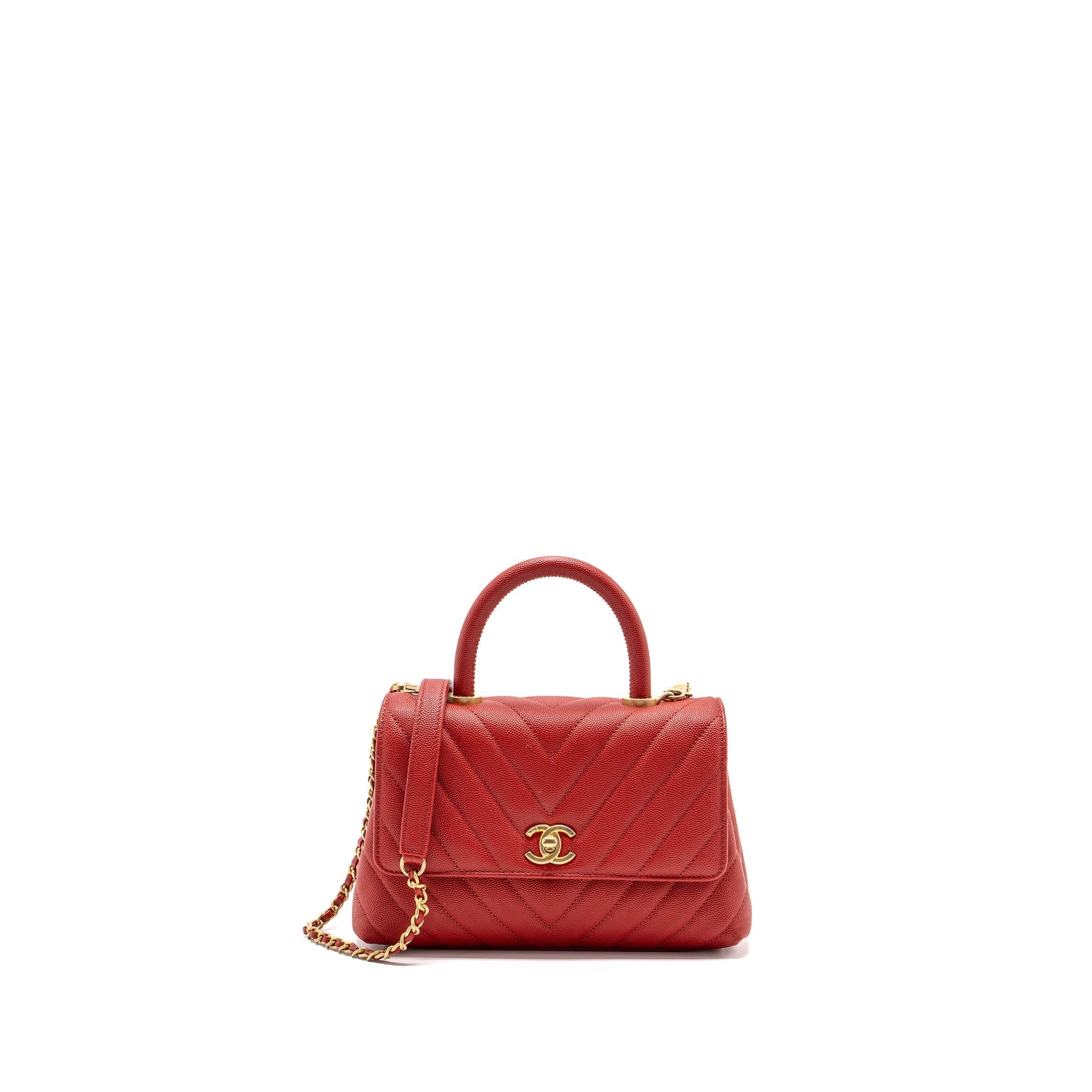 Chanel Small Coco Handle Chevron Caviar Red Brushed