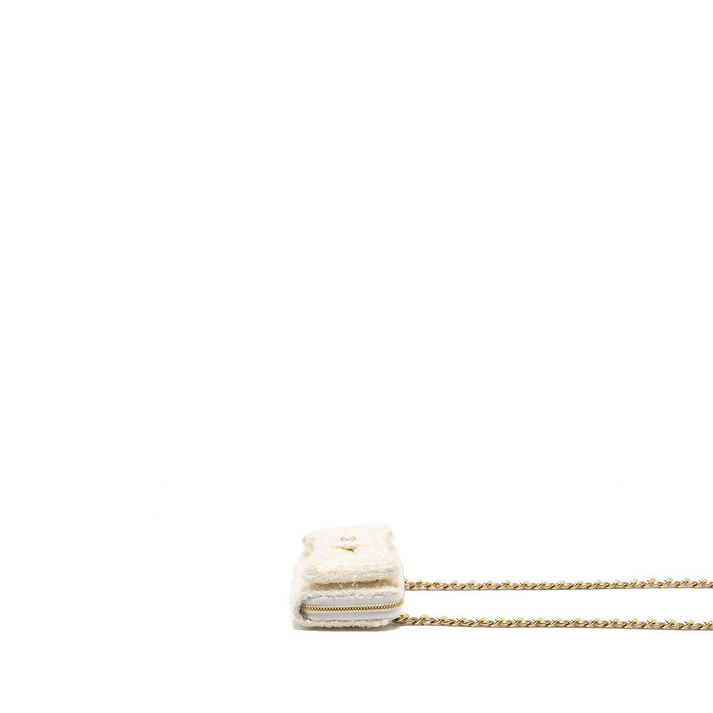 Chanel Mini Bow Card Holder With Chain Tweed White L (Microchip)