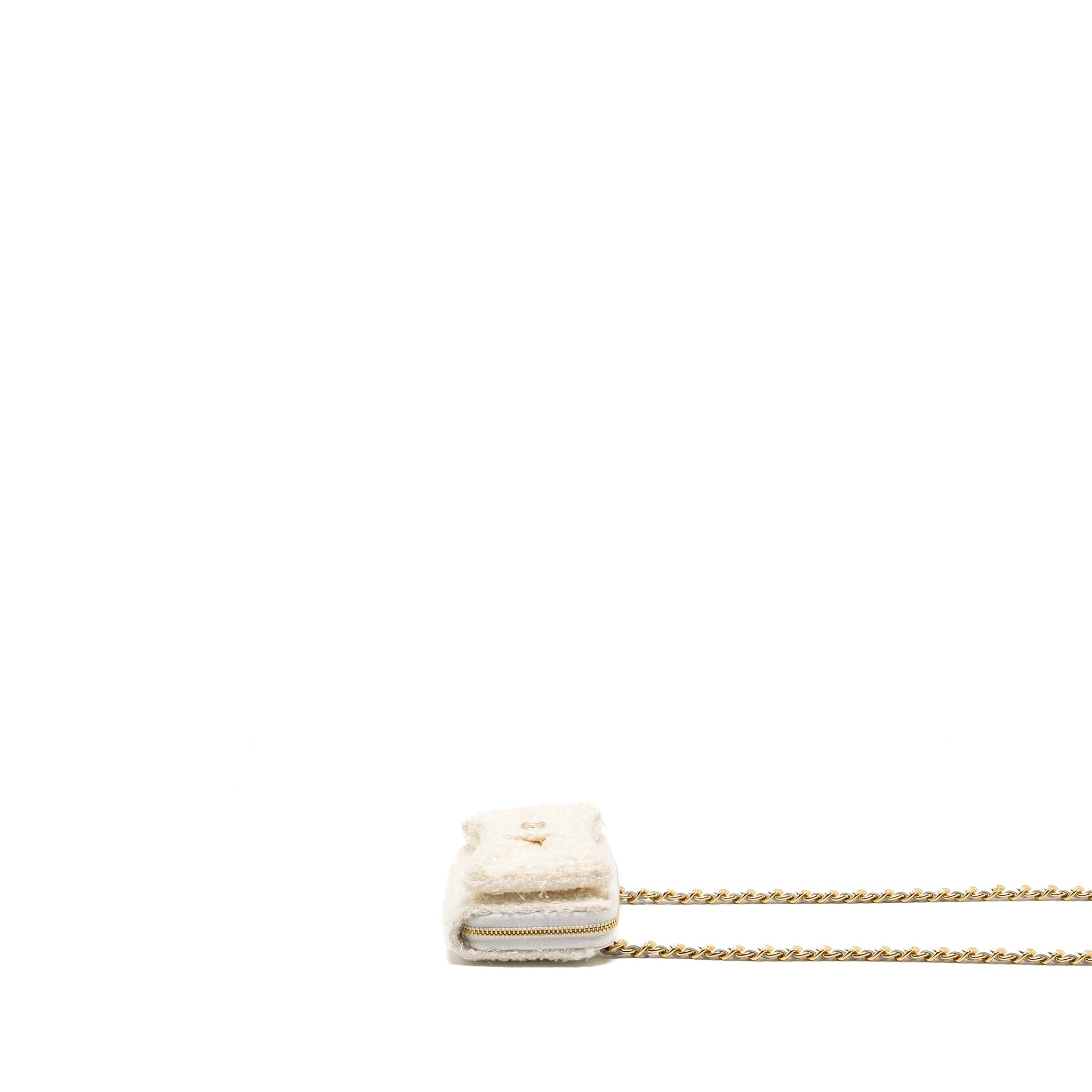 Chanel Mini Bow Card Holder With Chain Tweed White L (Microchip)